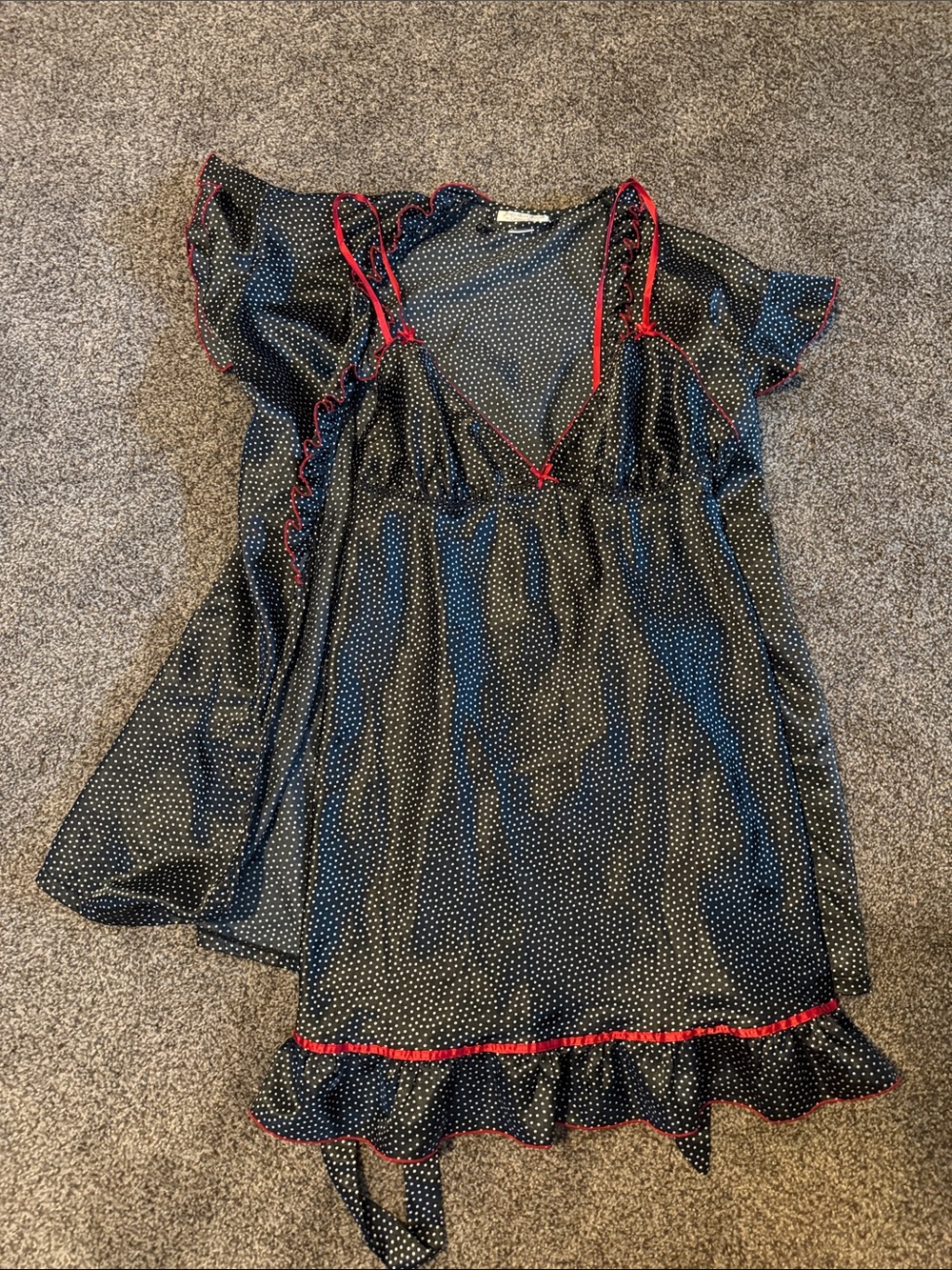 Women’s Black Polka Dot Satin Nightgown Slip Dress with Matching Robe & Red Trim